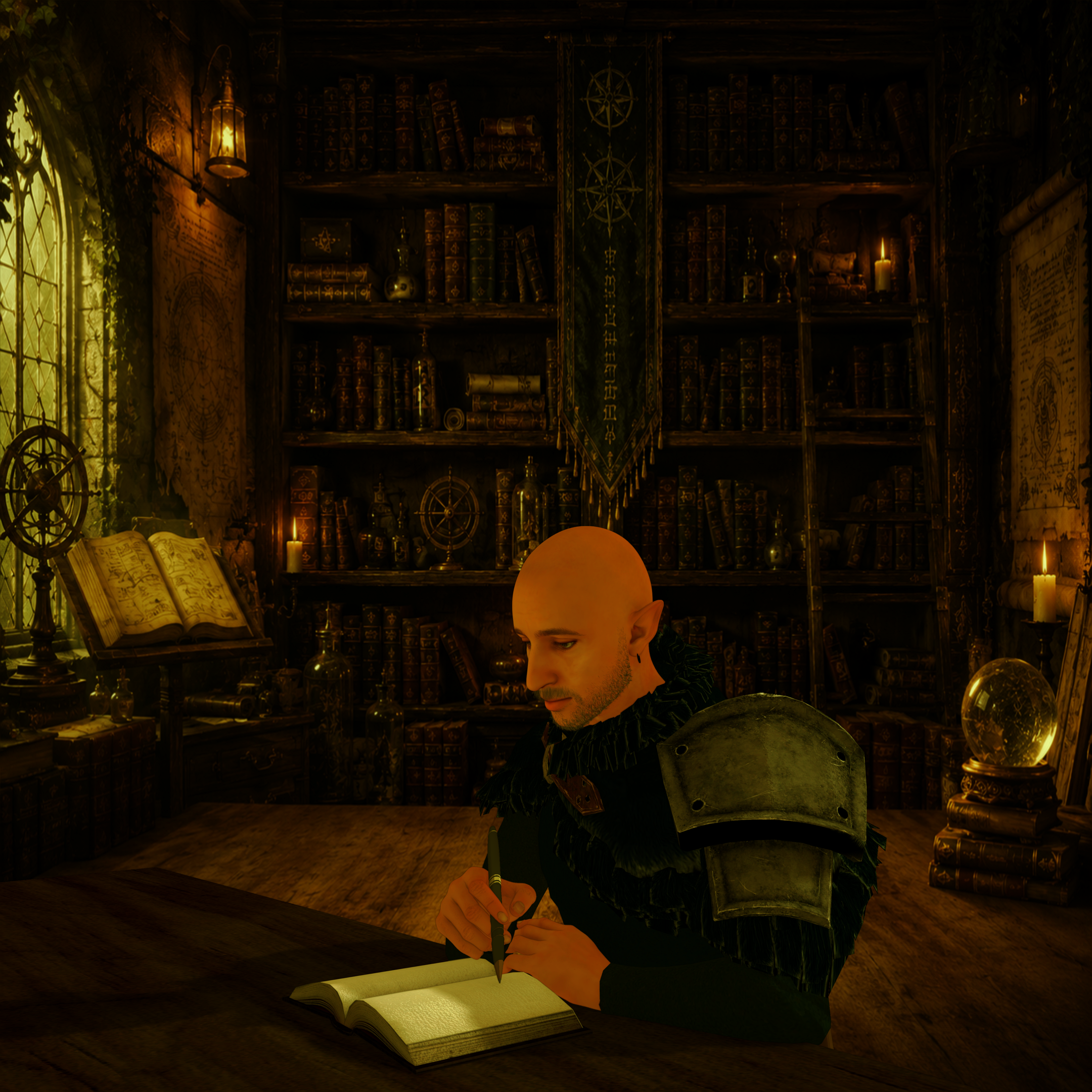 Illustration de mon avatar Moony qui écrit dans sa bibliothèque