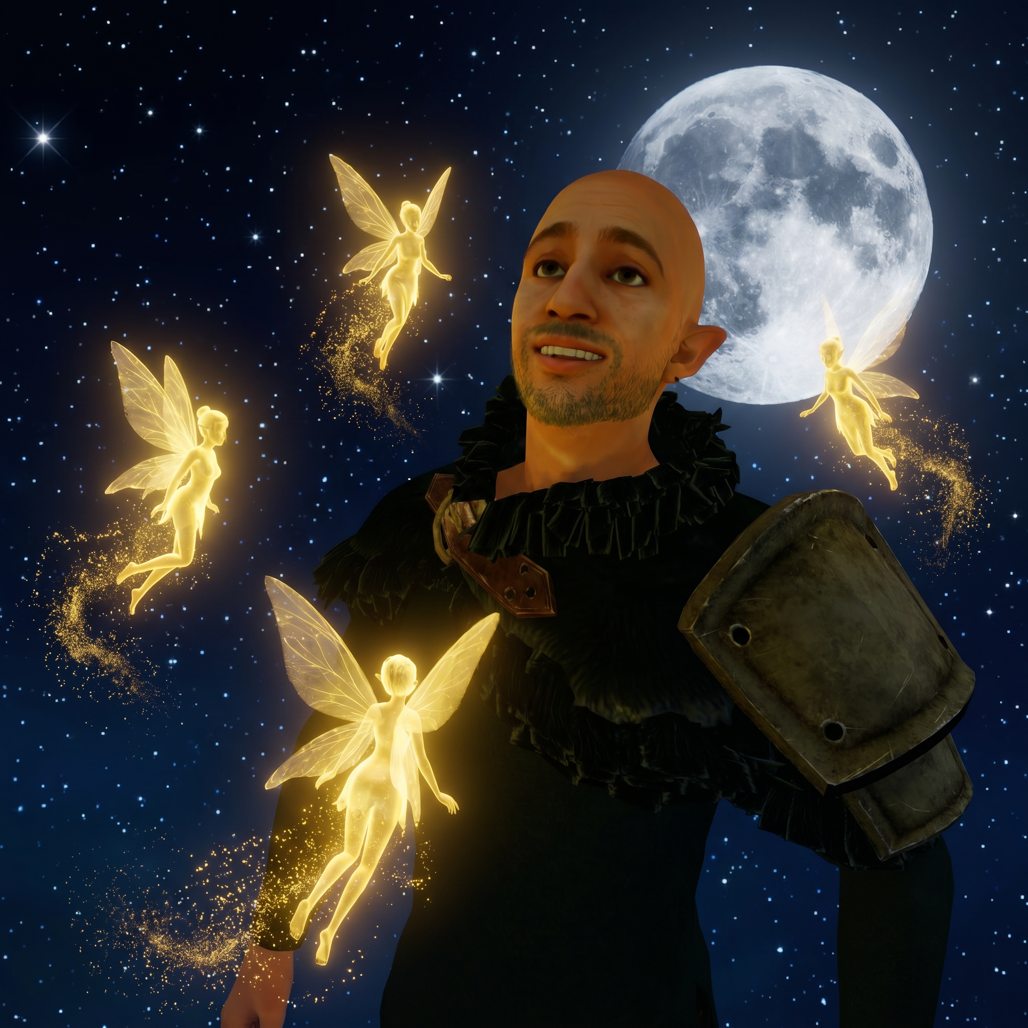 Elfe sous un clair de lune et entouré de fées dorées